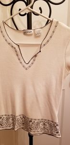 Navy blue & white shirt with paisley pattern.